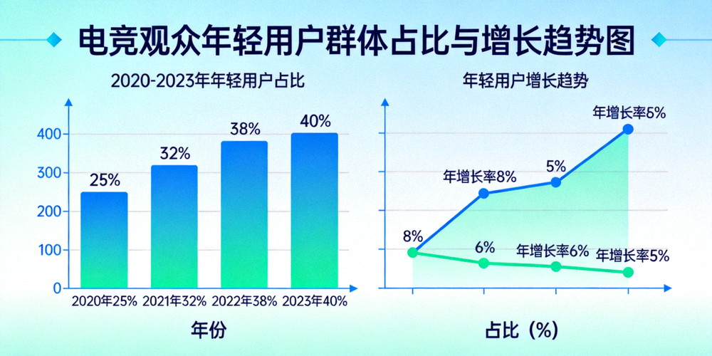 电竞观众数据分析图表 - 展示年轻用户群体在电竞产业中的占比和增长趋势