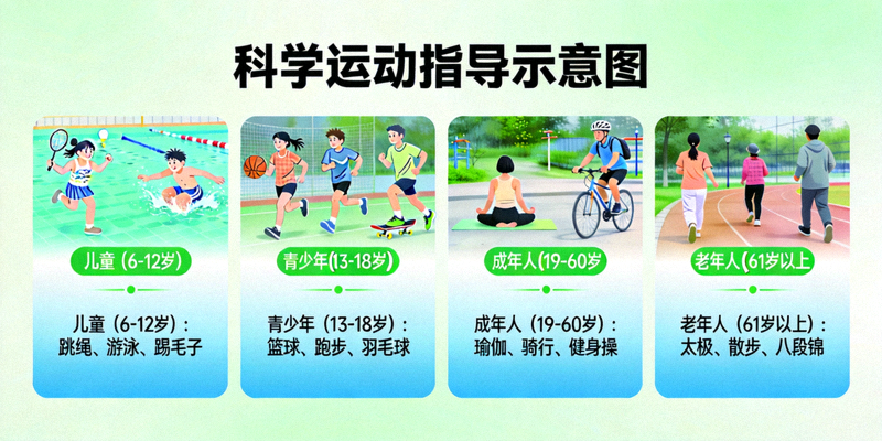科学运动指导示意图：展示不同年龄段人群适宜的运动方式