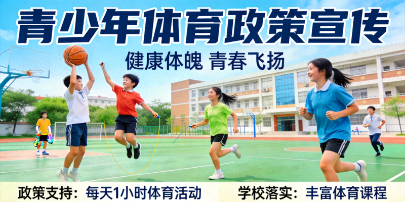 青少年体育政策宣传图：学生在学校参加体育活动