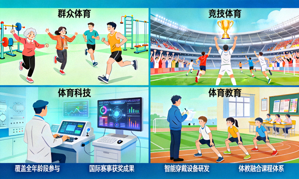 体育产业多元化发展场景：包含群众体育、竞技体育、体育科技和体育教育等多个领域