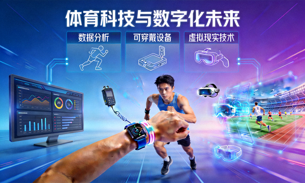 体育科技与数字化未来概念图 - 展示数据分析、可穿戴设备与虚拟现实技术在体育中的应用
