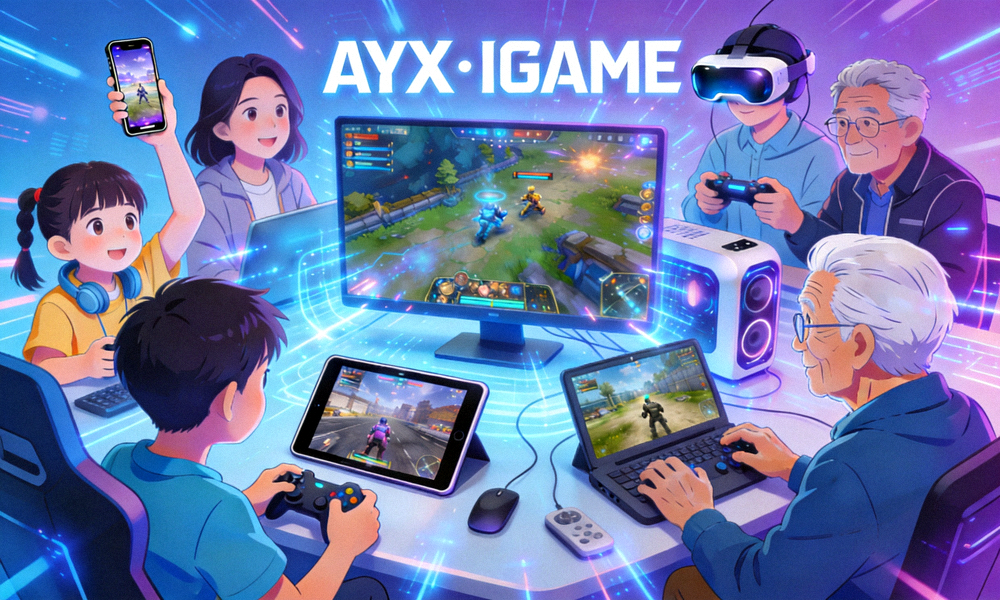 不同年龄段的玩家在多种设备上共同参与AYX·IGAME竞技的场景概念图