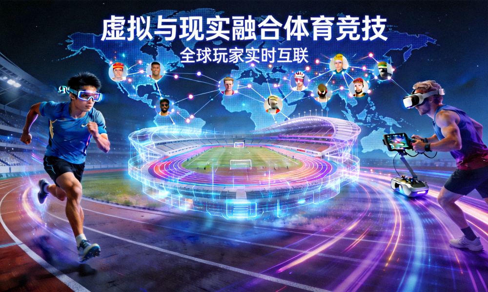 未来概念图展示虚拟与现实融合的体育竞技场景与全球玩家互联