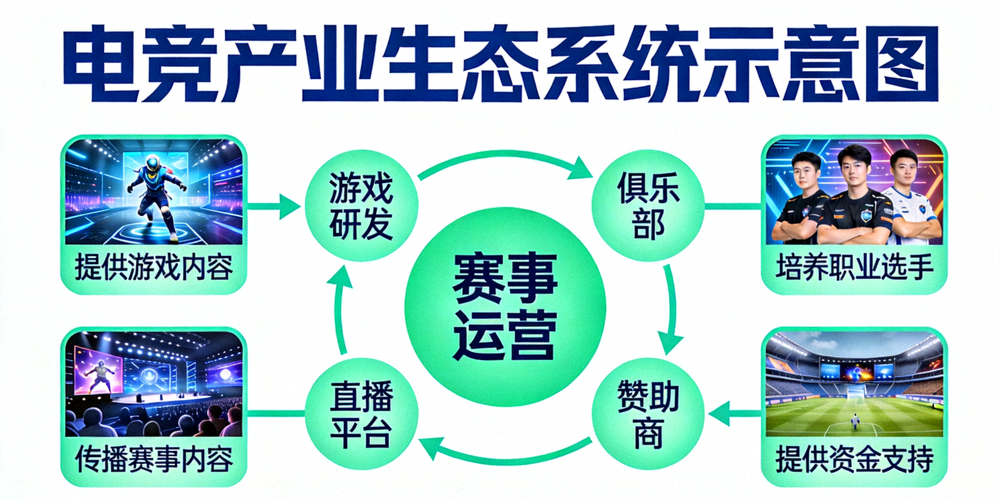 电竞产业生态系统示意图 - 展示游戏研发、赛事运营、俱乐部、直播平台、赞助商等各环节关系