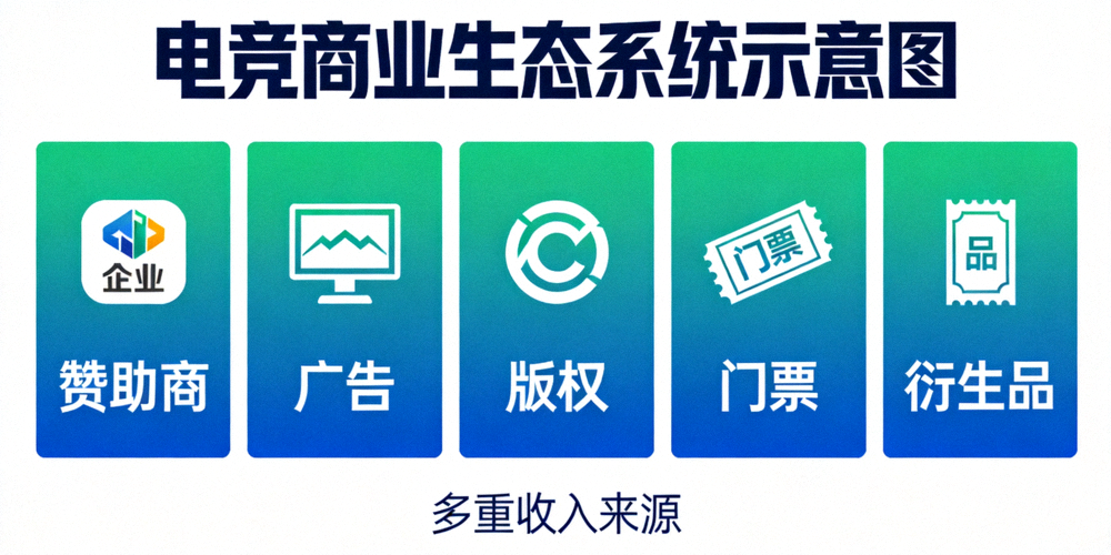 电竞商业生态系统示意图 - 展示赞助商、广告、版权、门票、衍生品等多重收入来源