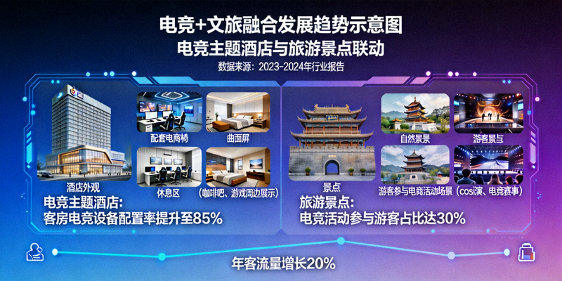 电竞+文旅融合发展趋势示意图 - 电竞主题酒店与旅游景点