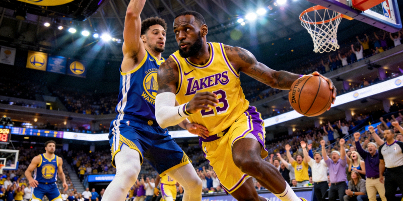 NBA季后赛湖人队与勇士队激烈对抗 - 詹姆斯持球突破