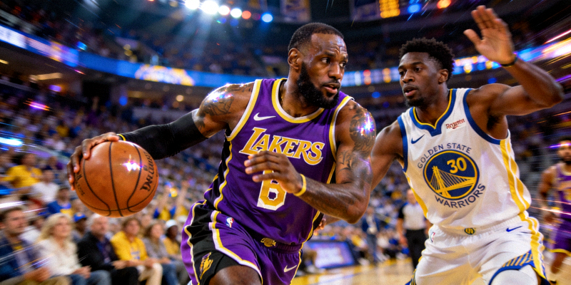 NBA季后赛湖人队与勇士队激烈对抗 - 詹姆斯持球突破