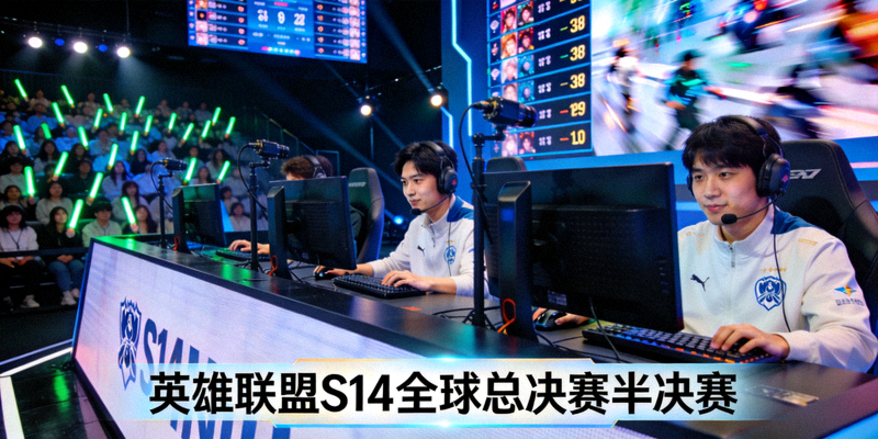 英雄联盟S14全球总决赛半决赛现场激烈对战画面 - 两支战队争夺总决赛席位