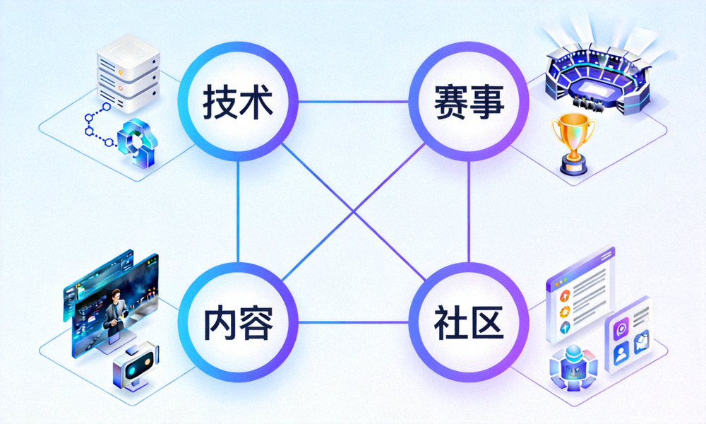 电竞产业生态布局概念图 - 展示技术、赛事、内容与社区的互联网络