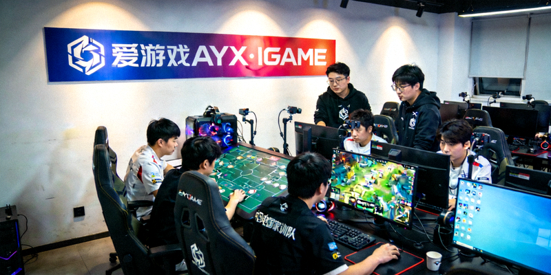 中国电竞国家集训队训练基地内景，选手们正在专注地进行战术演练，墙壁上悬挂着爱游戏AYX·IGAME合作标识