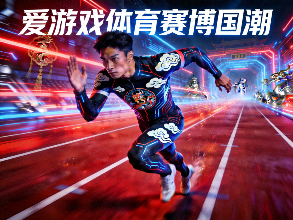 爱游戏体育赛博国潮主视觉——运动员在跑道上竞技的场景