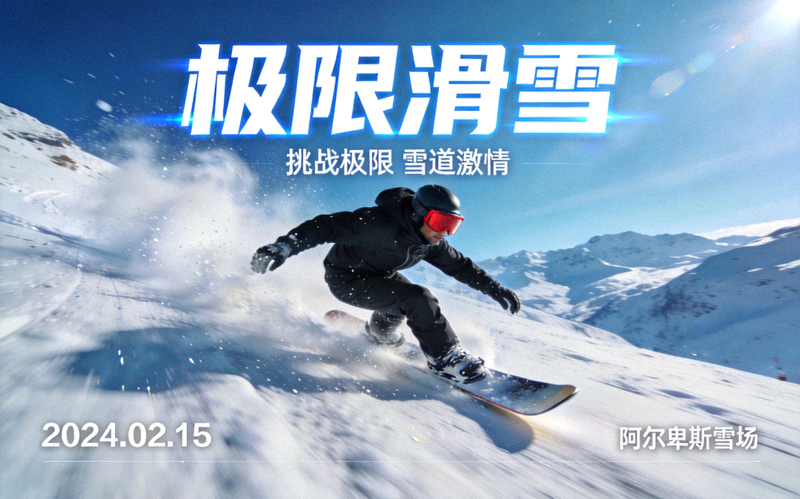 极限滑雪项目宣传图——滑雪者在雪山上高速滑行