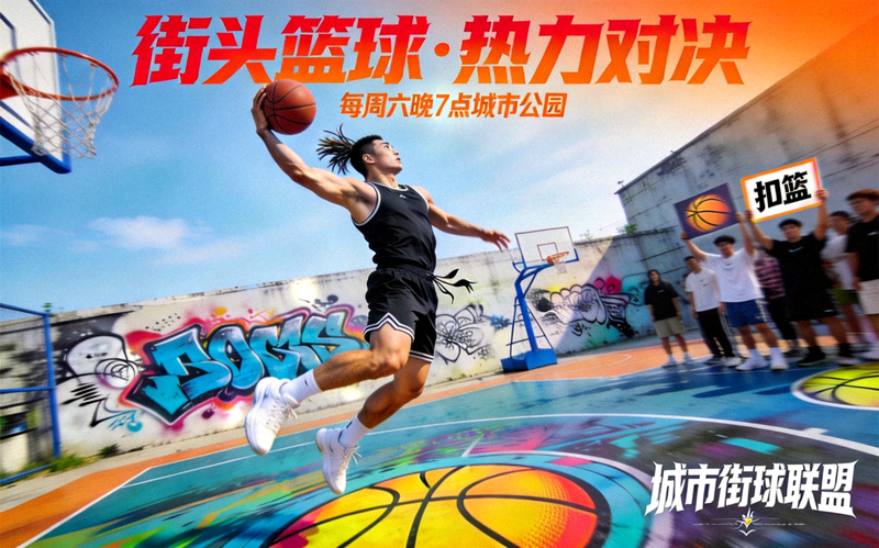街头篮球项目宣传图——球员在篮球场跃起投篮