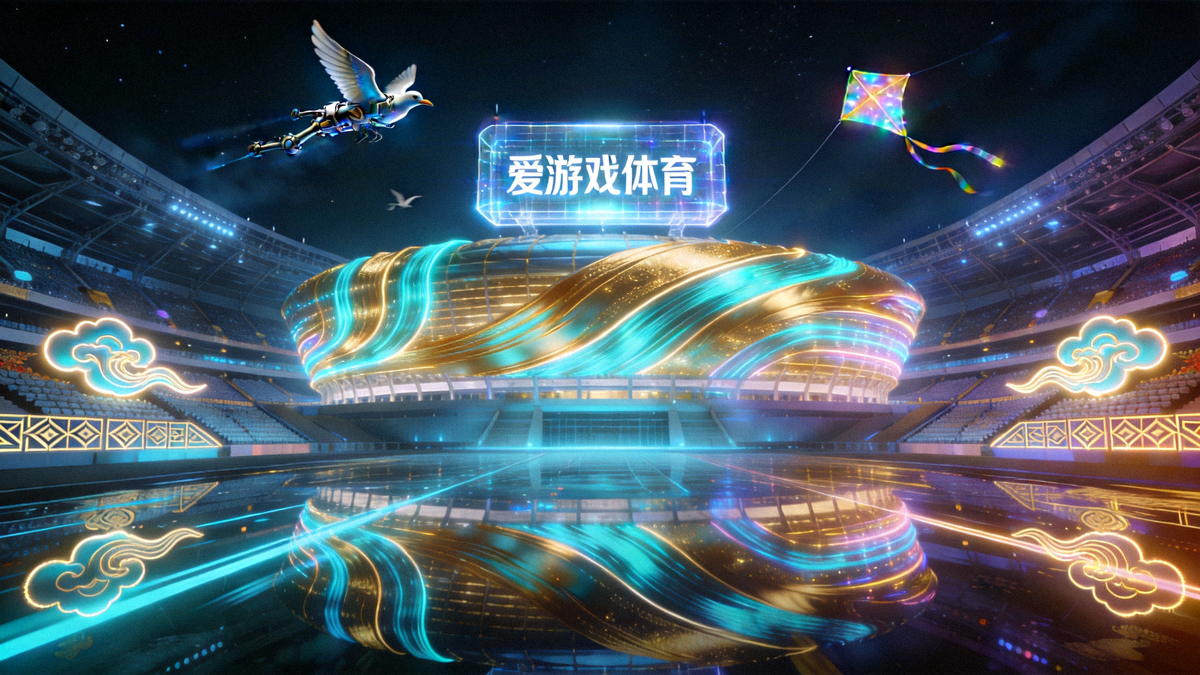 爱游戏体育赛博国潮风格主视觉图 - 未来科技感体育场夜景全景