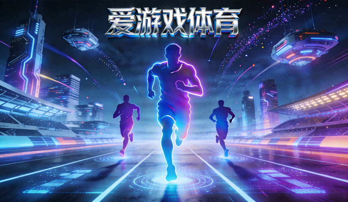 爱游戏体育赛博国潮风格主视觉图-未来科技感体育竞技场景与运动员奔跑剪影