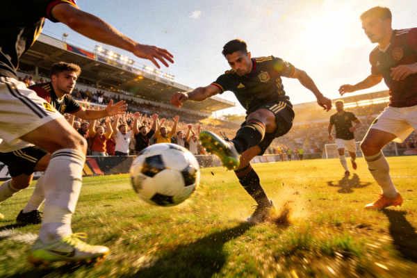 足球赛场激烈比赛瞬间 - 球员射门精彩时刻