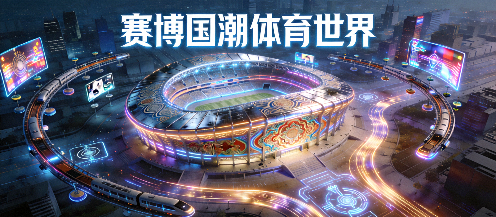 赛博国潮体育世界全景 - 未来都市中的大型体育竞技场馆