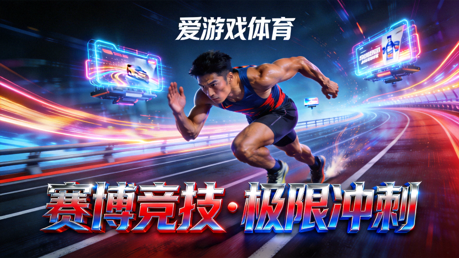 爱游戏体育赛博国潮风格主视觉图 - 未来科技感体育竞技场景与运动员冲刺瞬间