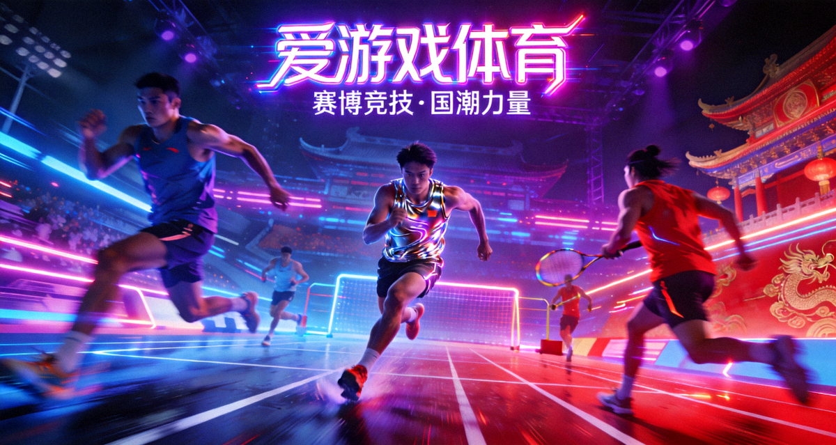 爱游戏体育赛博国潮风格主视觉：运动员在霓虹灯光下的体育竞技场景