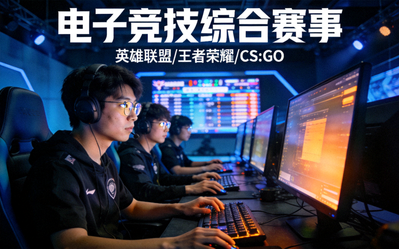 电子竞技综合赛事项目展示图，电竞选手在比赛场馆中专注操作