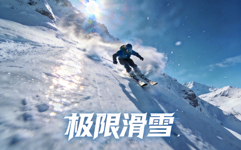 极限滑雪游戏项目展示图，滑雪运动员在雪山上高速俯冲的画面