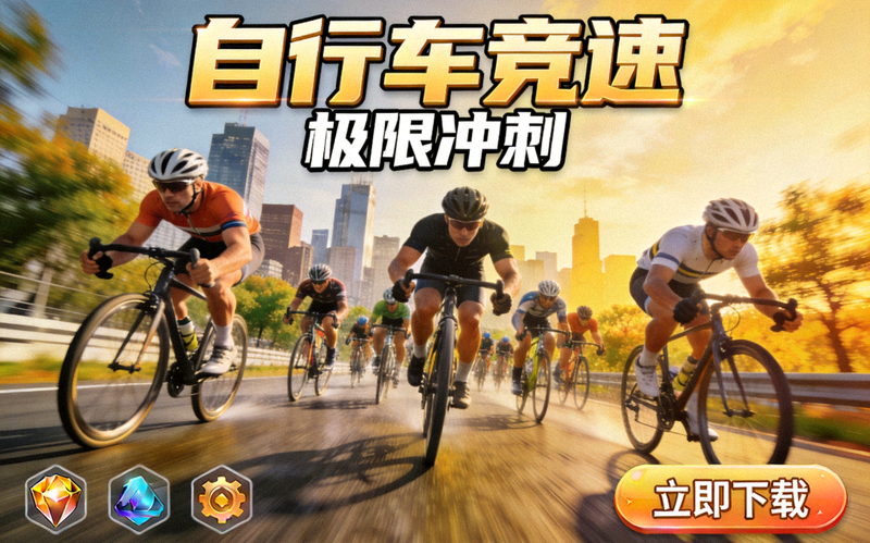 自行车竞速游戏项目展示图，公路自行车选手在赛道上集体冲刺