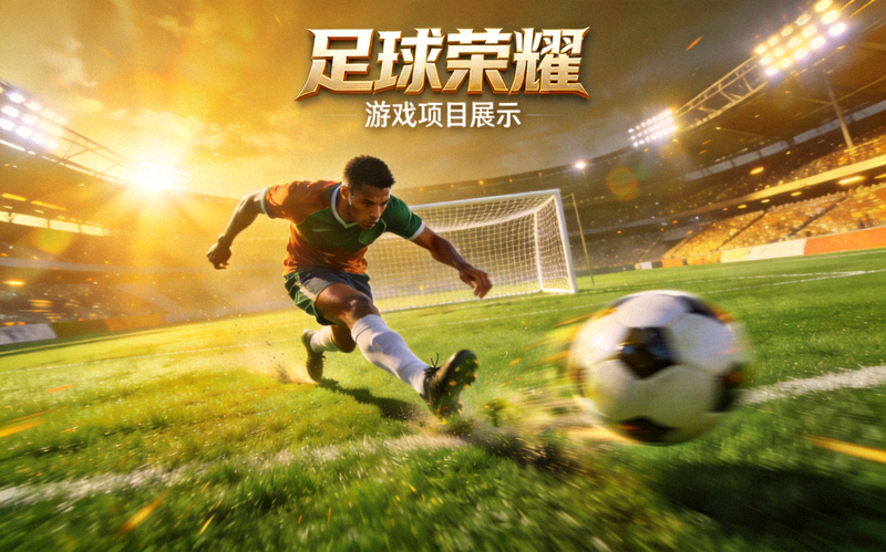 足球荣耀游戏项目展示图，绿茵球场上足球运动员射门瞬间