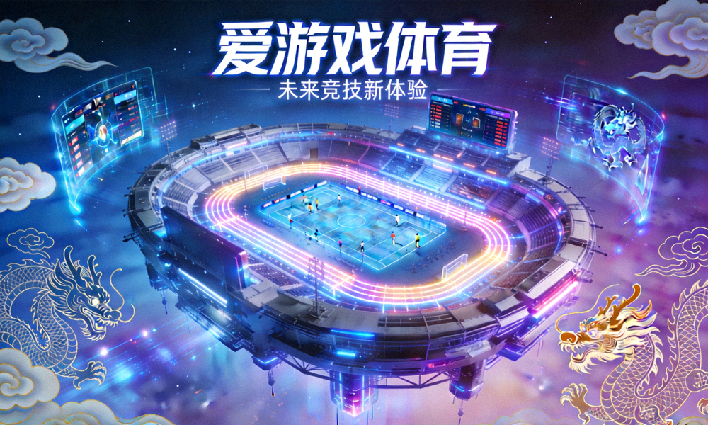 爱游戏体育赛博国潮风格主视觉图 - 未来科技感体育竞技场全景